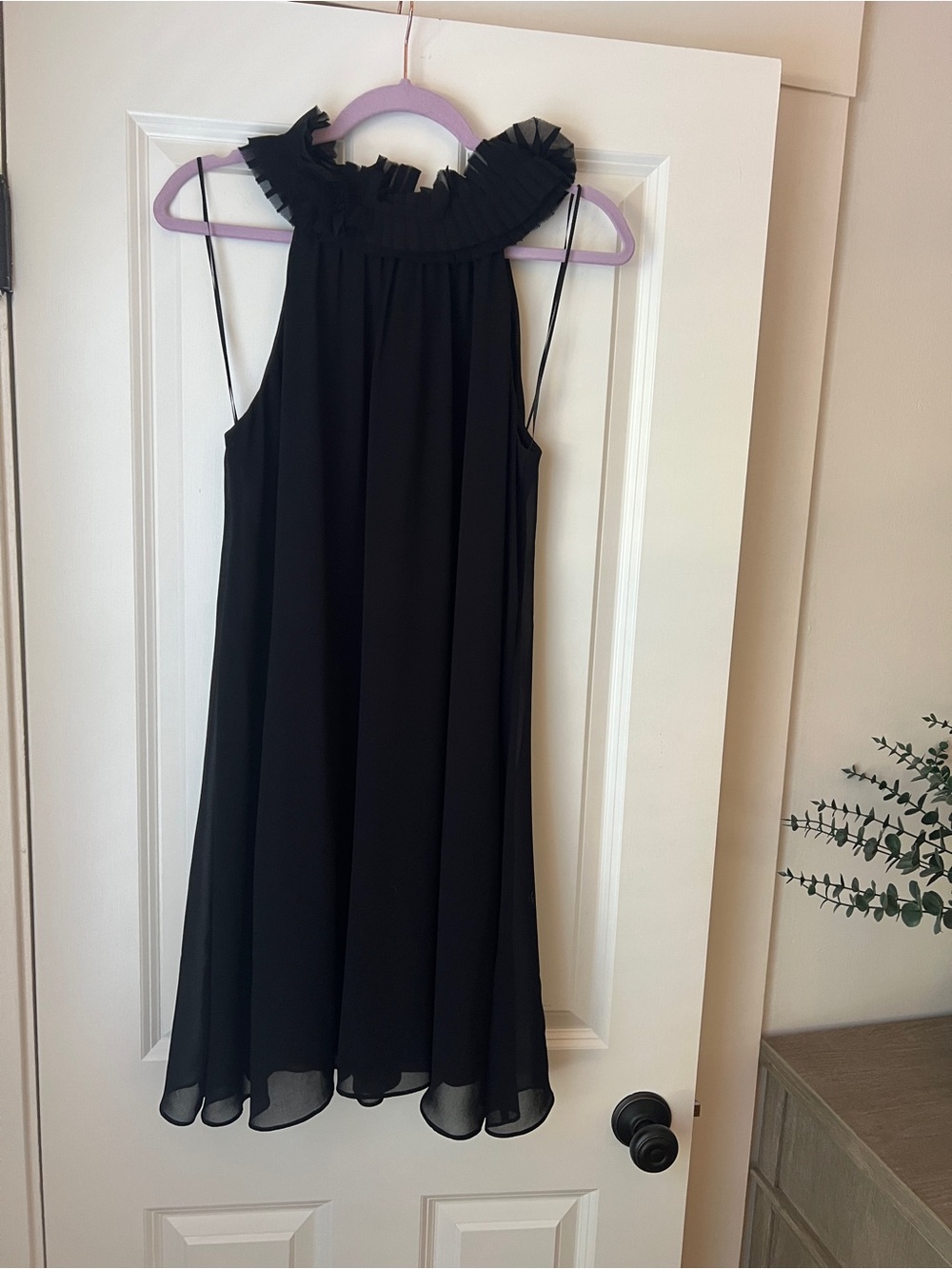 Taylor Black Pleated Ruffle Neck Halter Dress